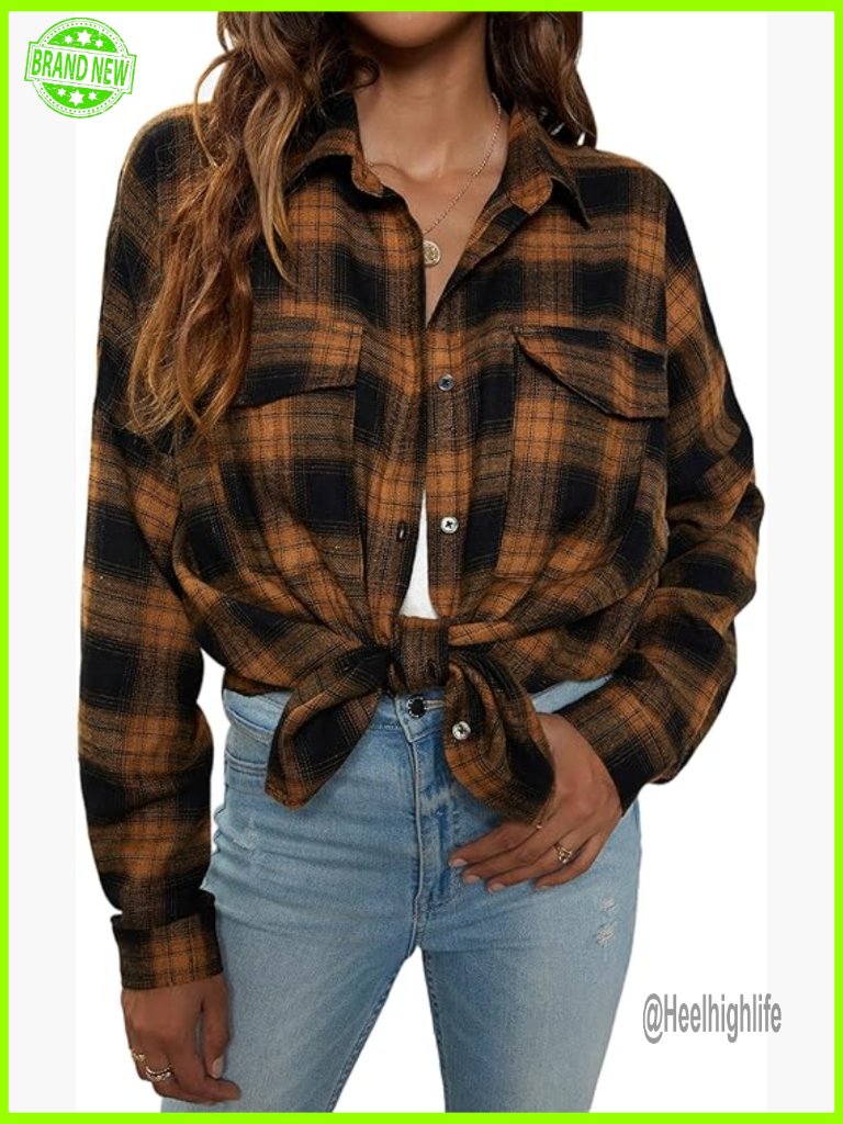 Button Down Flannel Shacket Long Sleeve Collared Business Casual Womens Blouse